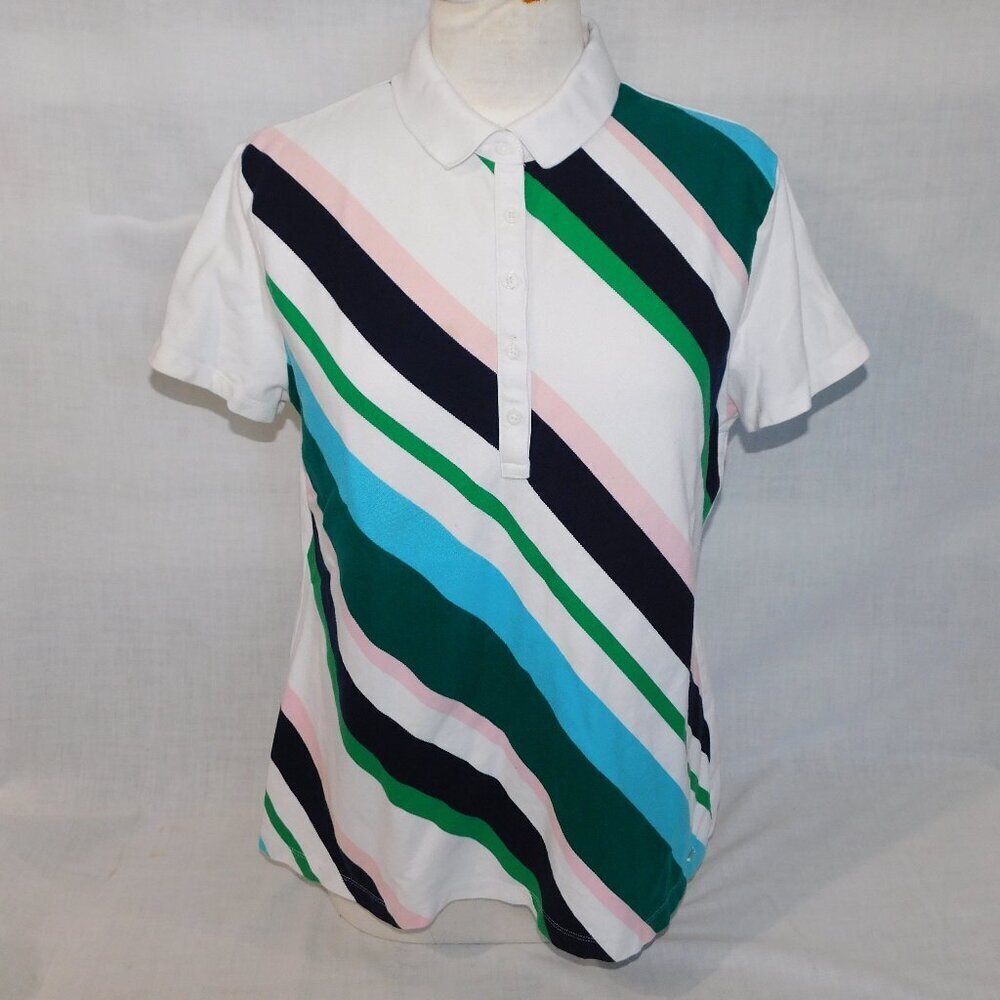 Tommy Hilfiger Diagonal Striped pique Polo Shirt Blue Green White Pink Womens XL